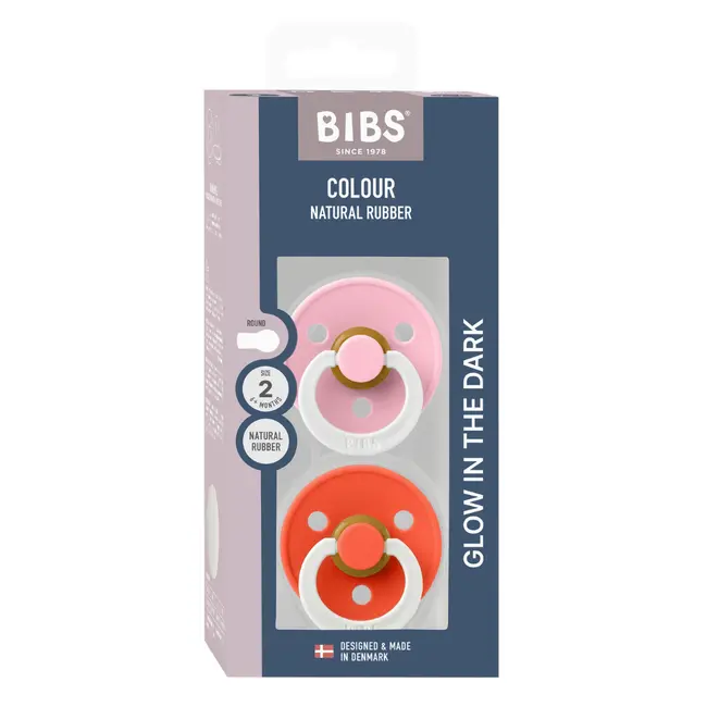Bibs - set 2 suzete fosforescente colour glow latex, tetina rotunda, 6 luni +-baby pink/tango bbb120478
