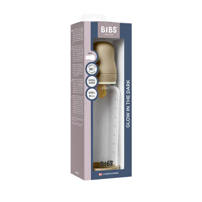 Bibs - set complet biberon fosforescent din sticla anticolici cu tetina din latex, flux mediu, 240 ml, vanilla glow bbb5020257