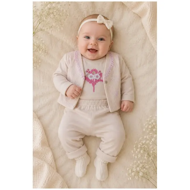 Compleu crem cu broderie, body, pantalonasi si bolero, babyim, bumbac sbs3