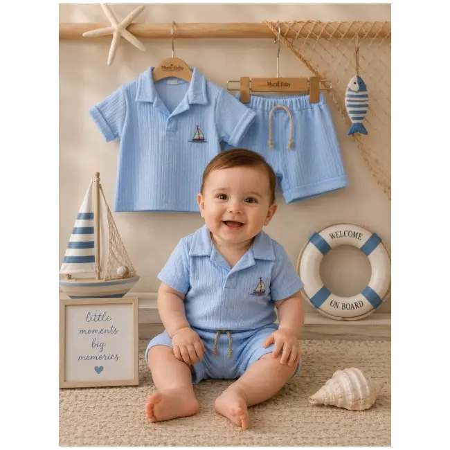 Compleu din doua piese, tricou si pantaloni scurti pentru bebelusi, junior class, model alsbs8, bumbac sbs8