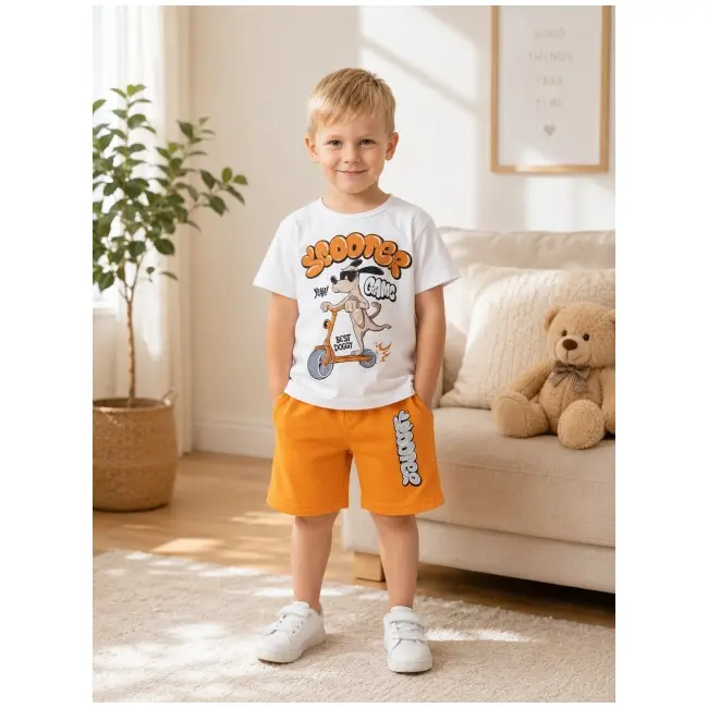 Compleu din doua piese, tricou si pantaloni scurti pentru copii, memoza, model alsbs12, bumbac sbs12