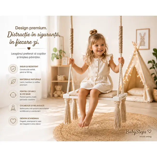 Leagan Copii Babysteps   Woodswing, Lemn, Spuma  Velvet Bej Premium, Design Scandinav, Pana La 100 Kg Pjbc1-8191