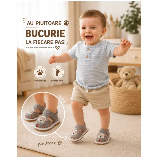 Sandalute gri cu piuitoare - happy cute bear snd5-10