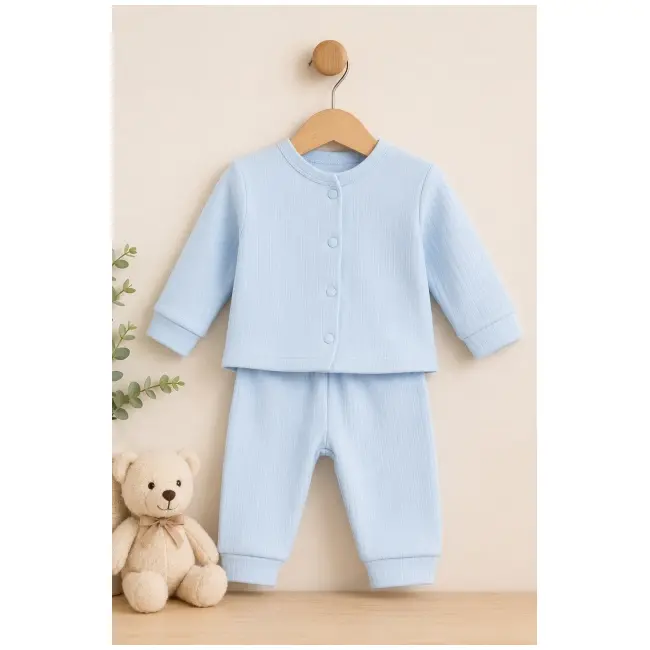 Set bebelusi din 2 piese bumbac rib &ndash; bluza cu capse si pantaloni, culoare bleu tram0004-cp1-2