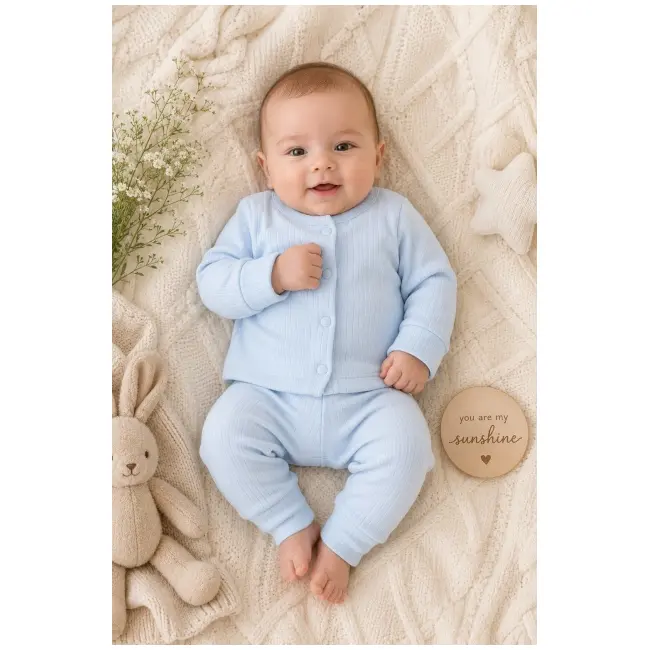 Set bebelusi din 2 piese bumbac rib &ndash; bluza cu capse si pantaloni, culoare bleu tram0004-cp1-2