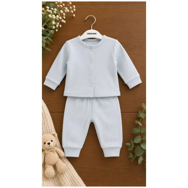 Set bebelusi din 2 piese bumbac rib &ndash; bluza cu capse si pantaloni, culoare gri tram0004-cp1-1