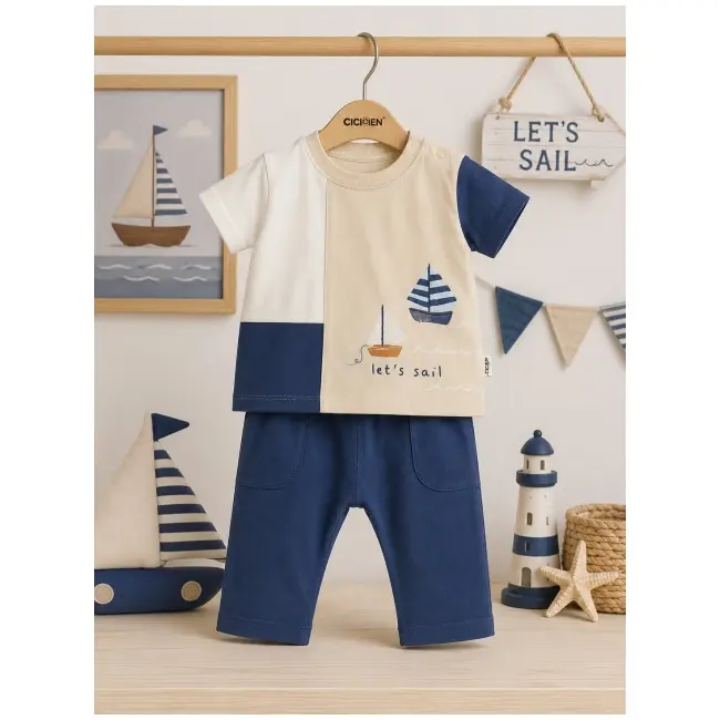 Set din doua piese pentru bebelusi, bumbac, ciciben kids, sail tram1-18