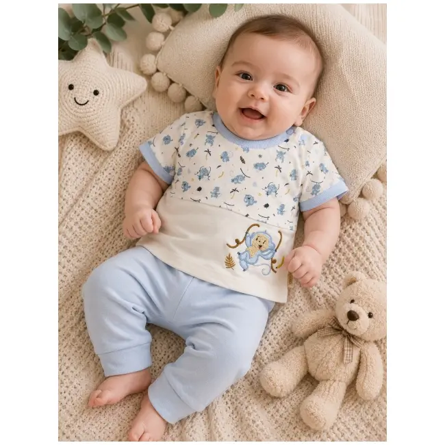 Set din doua piese pentru bebelusi, bumbac, maimutica brodata, babyim, bleu tram1-10