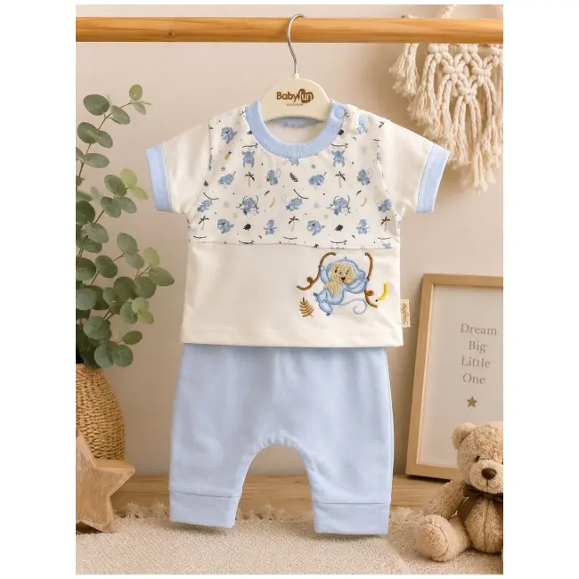 Set din doua piese pentru bebelusi, bumbac, maimutica brodata, babyim, bleu tram1-10