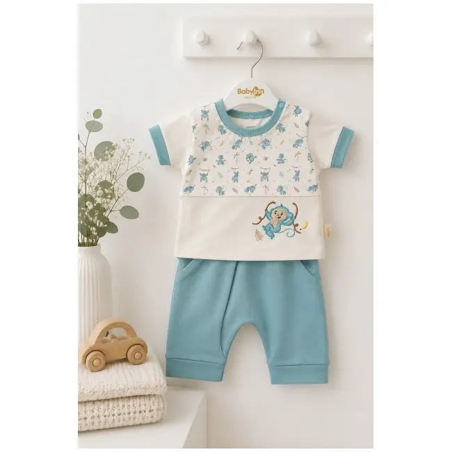 Set din doua piese pentru bebelusi, bumbac, maimutica brodata, babyim tram1-3