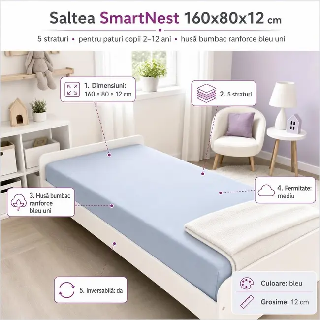 Saltea SmartNest 160x80x12 cm in 5 straturi pentru paturi copii 2-12 ani, husa bumbac ranforce bleu uni - ASC6427968020606