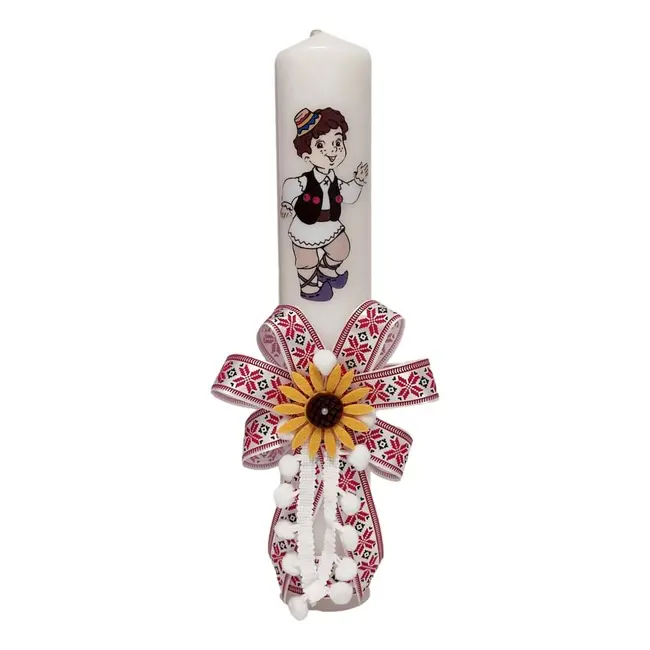 Lumanare botez pentru baietel, decorata cu motive populare romanesti, rosu traditional, Denikos&reg; LT02