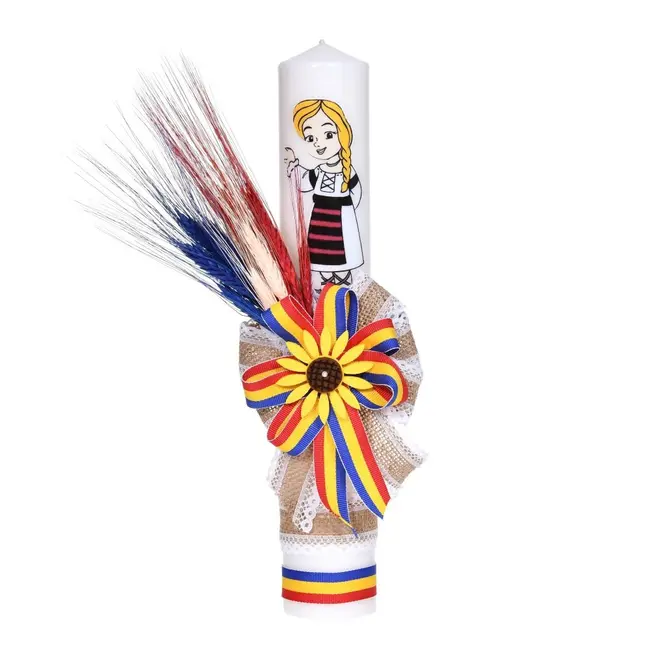 Lumanare botez traditionala fetita, cu floarea-soarelui, spice colorate si funda tricolor, Denikos&reg; LT05