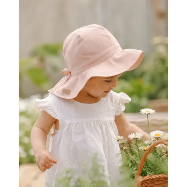 Palarie De Soare Din In Babyly ,   Roz Pudrat, Protectie Completa Cap-urechi-ceafa, Reglabila   0-3 Ani, Handmade Polonia Pjbc2788