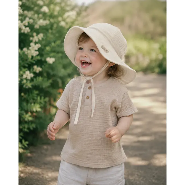 Palarie De Soare Din Muselina Babyly ,   Nisip Natural, Protectie Completa Cap-urechi-ceafa, Reglabila   0-3 Ani, Handmade Polonia Pjbc2789