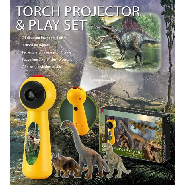 Set proiector tip lanterna & 3 figurine - dinozauri