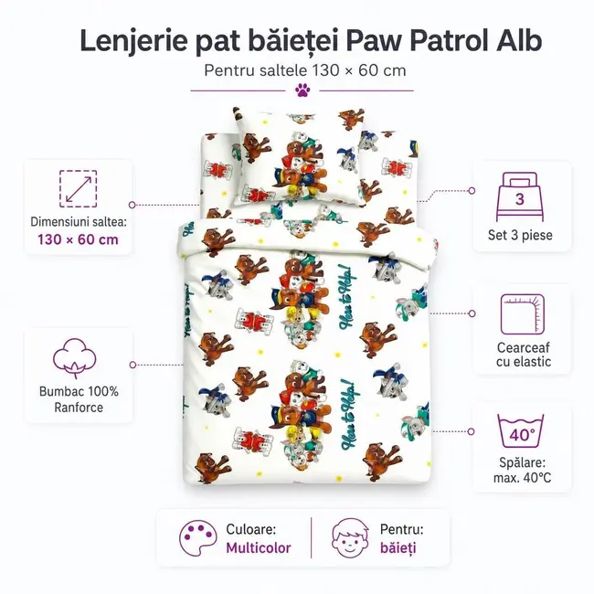 Lenjerie patut bebe 120x60 cm bumbac ranforce 3 piese Paw Patrol Alb - ASC6427968020804