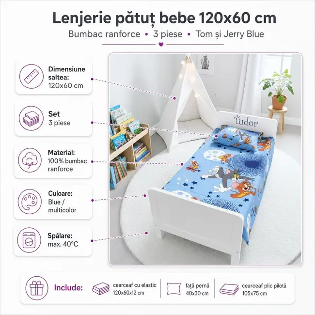 Lenjerie patut bebe 120x60 cm bumbac ranforce 3 piese Tom si Jerry Blue - ASC6427968020781