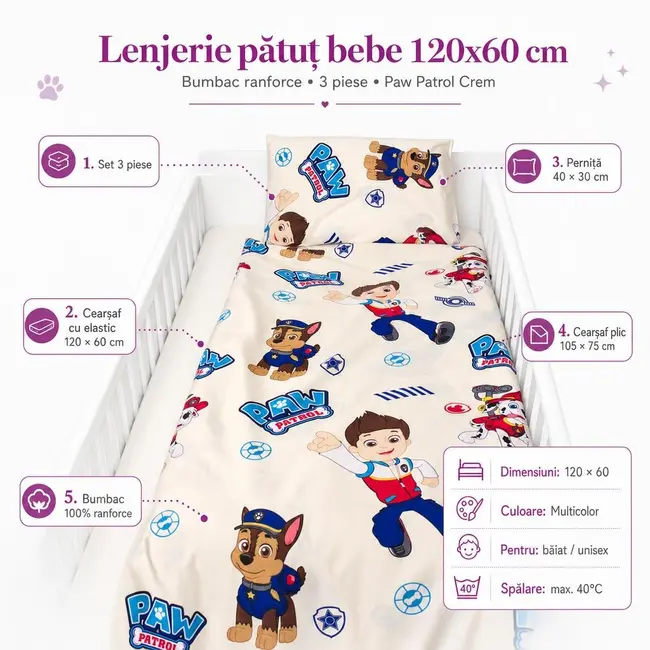 Lenjerie patut bebe 120x60 cm bumbac ranforce 3 piese Paw Patrol Crem - ASC6427968020798