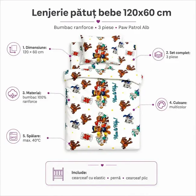 Lenjerie patut bebe 120x60 cm bumbac ranforce 3 piese Paw Patrol Alb - ASC6427968020804