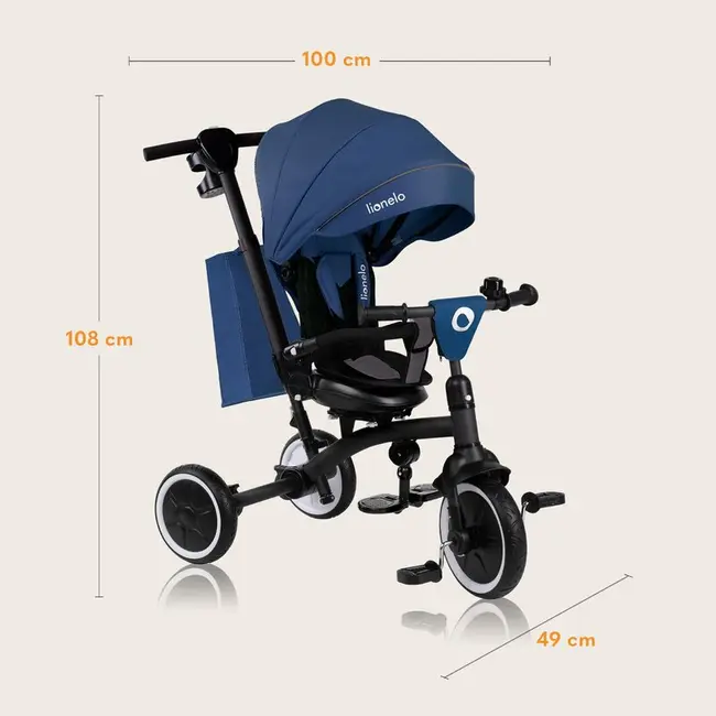 Tricicleta copii, Lionelo, Tris Plus, Ultrapliabila, Multifunctionala, Pana la 25 kg, Inclinare spatar in fata si in spate, Suport picioare, Control al directiei, Scaun reversibil, Rotire 360 grade, Conform cu EN71, 9 luni-5 ani, Albastru BYNLO-TRIS_PLUS_