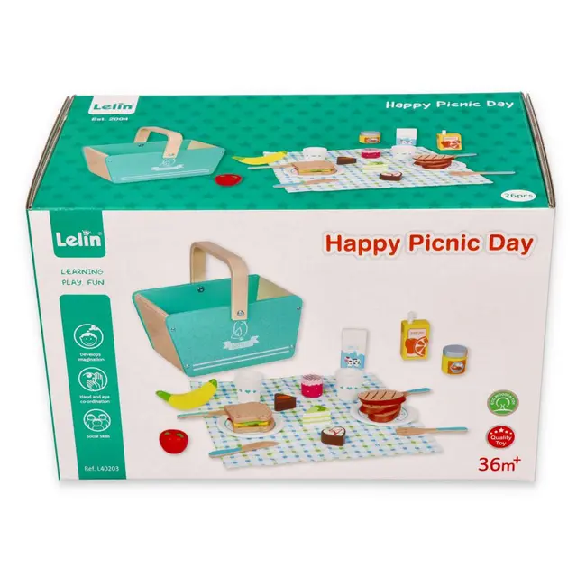 Set de joaca 26 piese din lemn, cos pentru picnic lelin l40203