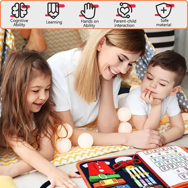 Carte senzoriala textila montessori cu multiple activitati pentru copii mici kidscare