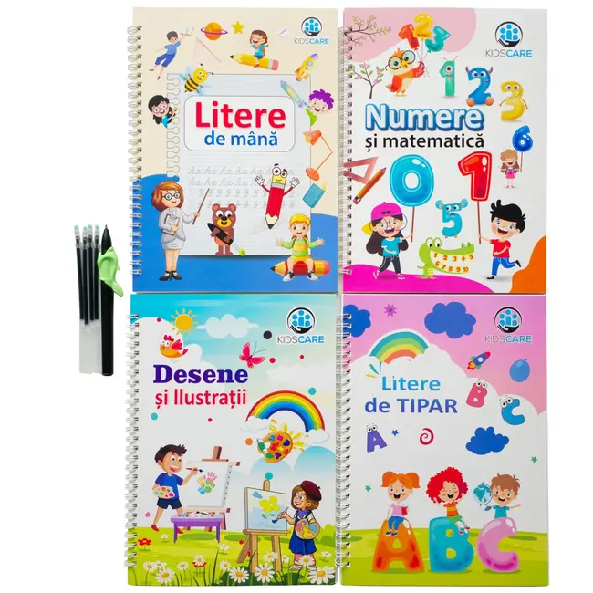 Set 4 caiete magice kidscare in limba romana pentru caligrafie &ndash; litere de mana, litere de tipar, cifre si desen, 26x18.5 cm