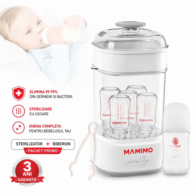 Sterilizator biberoane electric cu aburi si functie uscare mamimo bsd2005, 5 biberoane, sterilizare rapida, biberon sticla cadou