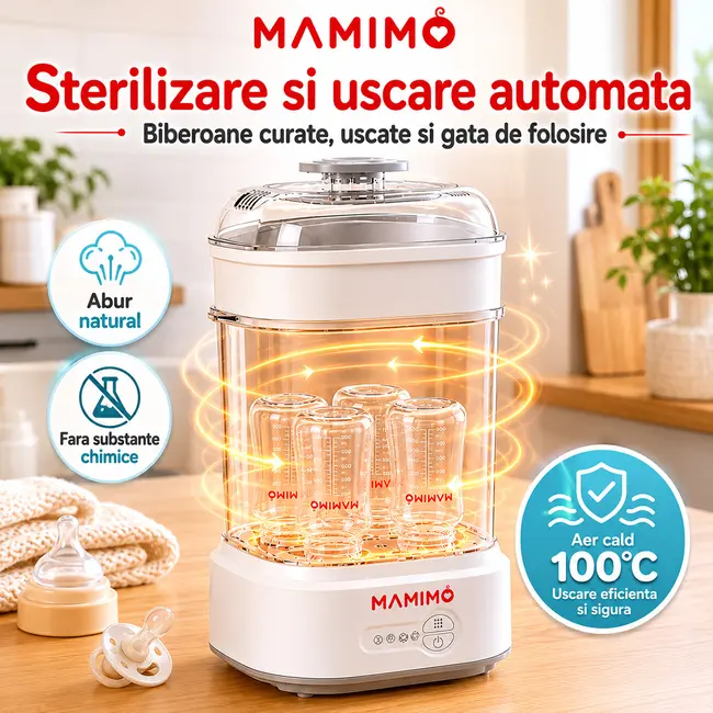Sterilizator biberoane electric cu aburi si functie uscare mamimo bsd2005, 5 biberoane, sterilizare rapida, biberon sticla cadou
