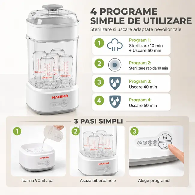 Sterilizator biberoane electric cu aburi si functie uscare mamimo bsd2005, 5 biberoane, sterilizare rapida, biberon sticla cadou