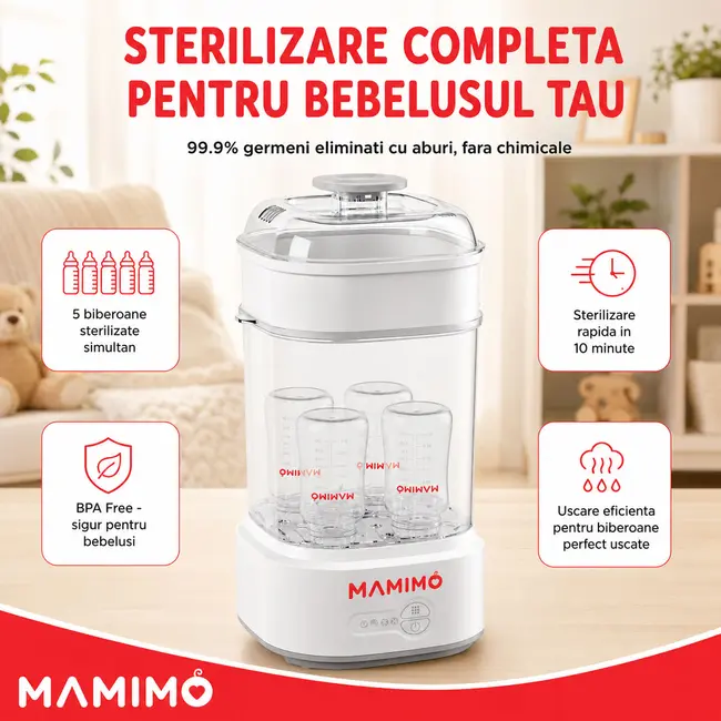 Sterilizator biberoane electric cu aburi si functie uscare mamimo bsd2005, 5 biberoane, sterilizare rapida, biberon sticla cadou