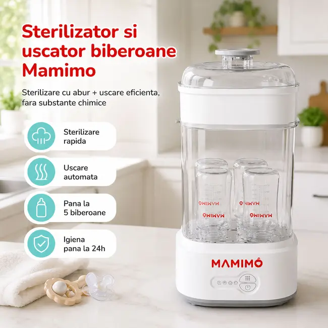Sterilizator biberoane electric cu aburi si functie uscare mamimo bsd2005, 5 biberoane, sterilizare rapida, biberon sticla cadou