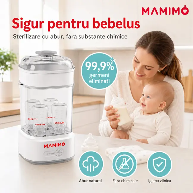 Sterilizator bibroane electric cu aburi si functie uscare mamimo bsd2005, 5 biberoane, sterilizare rapida, oprire automata