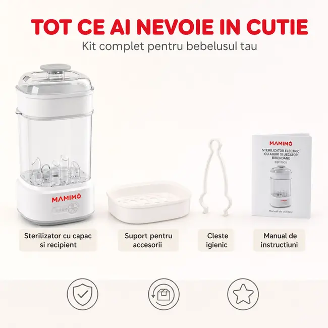 Sterilizator bibroane electric cu aburi si functie uscare mamimo bsd2005, 5 biberoane, sterilizare rapida, oprire automata