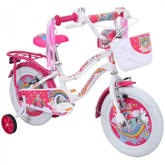 Bicicleta pentru copii 2-4 ani belderia dora, roti 12 inch, cu roti ajutatoare si frane v-brake, alb, cu cosulet si portbagaj