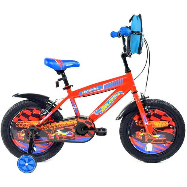 Bicicleta pentru copii 2-4 ani belderia fastwheel, roti 12 inch, cu roti ajutatoare si frane v-brake, orange, cu ghiozdan