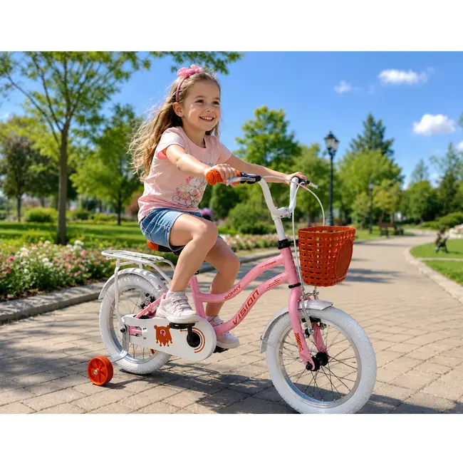 Bicicleta pentru copii bonny&nbsp;light&nbsp;pembe belderia roti 16 inch, roti ajutatoare, cu portbagaj si cosulet