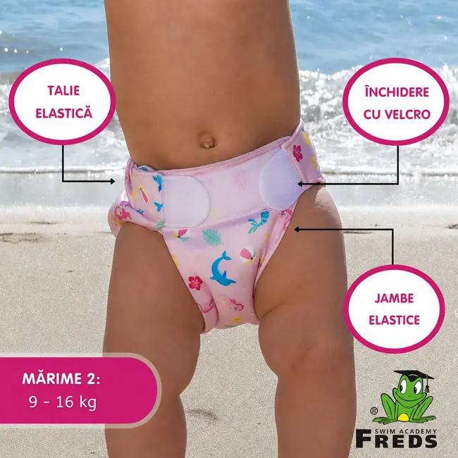 Scutec reutilizabil pentru inot bebelusi, roz, marimea 2, 9 - 16 kg, freds swim academy
