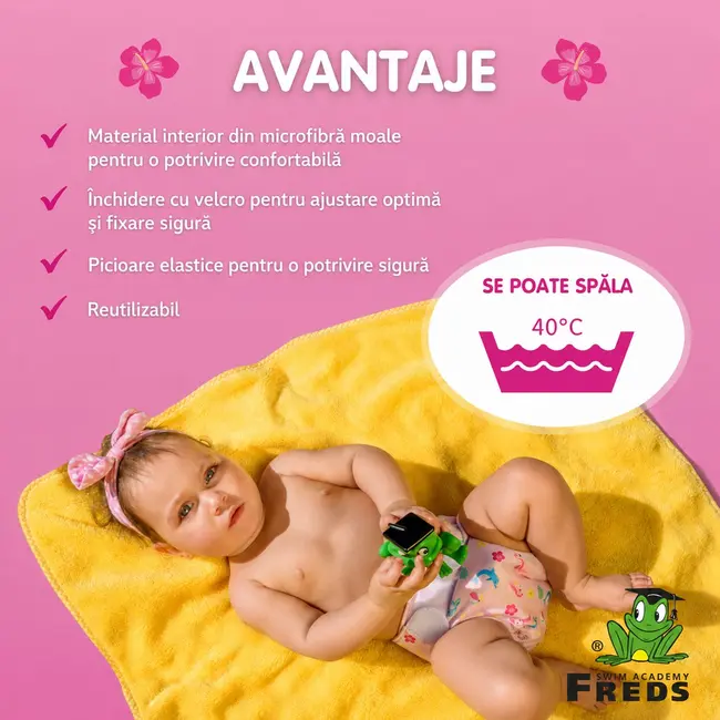 Scutec reutilizabil pentru inot bebelusi, roz, marimea 2, 9 - 16 kg, freds swim academy