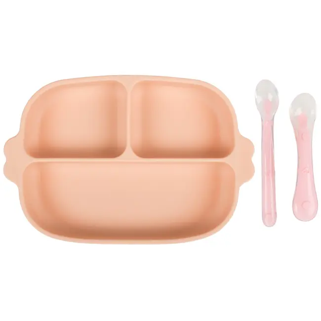 Set hranire bebe din silicon, 1 farfurie compartimentata cu ventuza, 2 lingurite marimi diferite, fara bpa, roz somon, kidscare