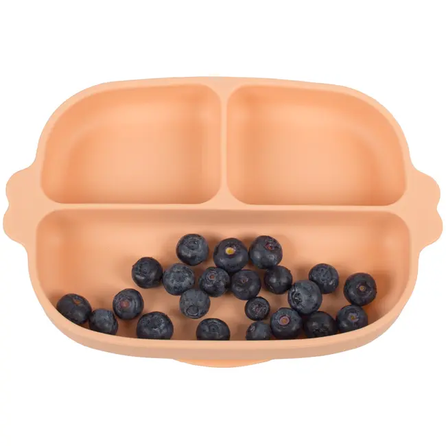 Set hranire bebe din silicon, 1 farfurie compartimentata cu ventuza, 2 lingurite marimi diferite, fara bpa, roz somon, kidscare