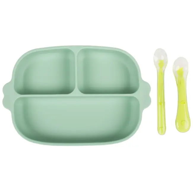 Set hranire bebe din silicon, 1 farfurie compartimentata cu ventuza, 2 lingurite marimi diferite, fara bpa, verde, kidscare
