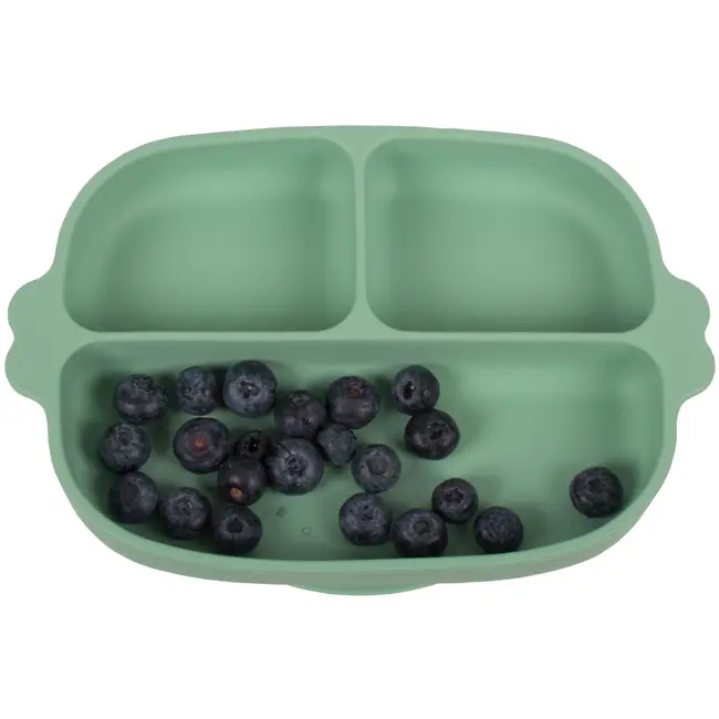 Set hranire bebe din silicon, 1 farfurie compartimentata cu ventuza, 2 lingurite marimi diferite, fara bpa, verde, kidscare