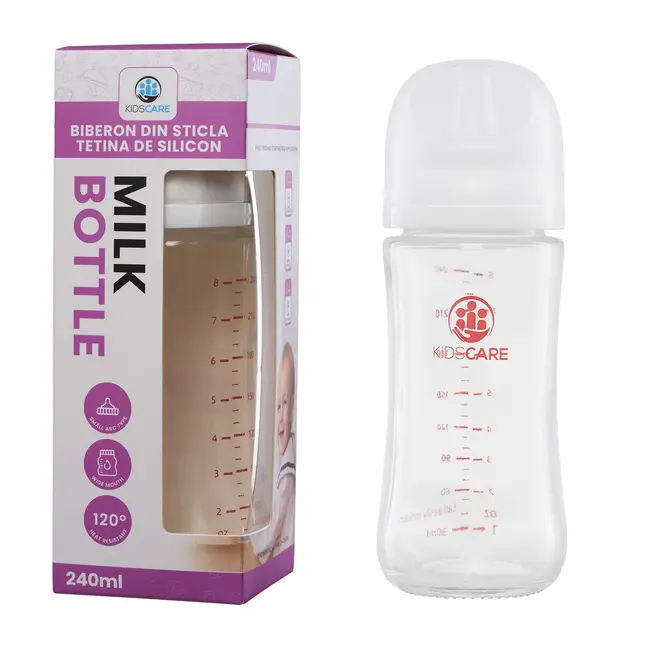 Biberon din sticla borosilicat 240 ml kidscare cu tetina din silicon