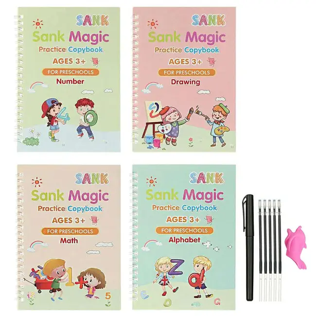 Set cu 4 caiete de lucru si stilou magic pentru scris si desenat sank magic, rechizite scolare, multicolor, 19 cm x 13 cm