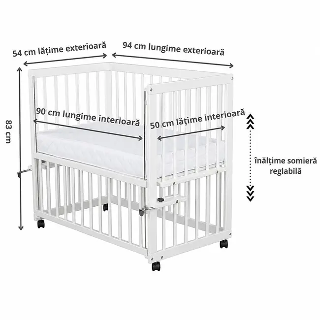 Patut co-sleeper, Qmini, Dalia, Multifunctional, 90x50 cm, Din lemn de pin, Reglabil pe orice treapta de inaltime la patul parintilor, Sistem de ancorare si roti cu frana incluse, Alb BYNQMDAL03AL