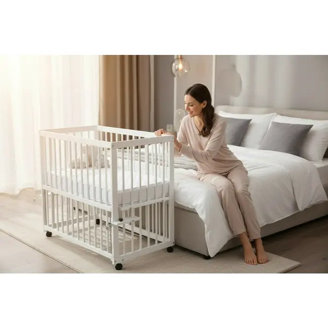 Patut co-sleeper, Qmini, Dalia, Multifunctional, 90x50 cm, Din lemn de pin, Reglabil pe orice treapta de inaltime la patul parintilor, Sistem de ancorare si roti cu frana incluse, Alb BYNQMDAL03AL