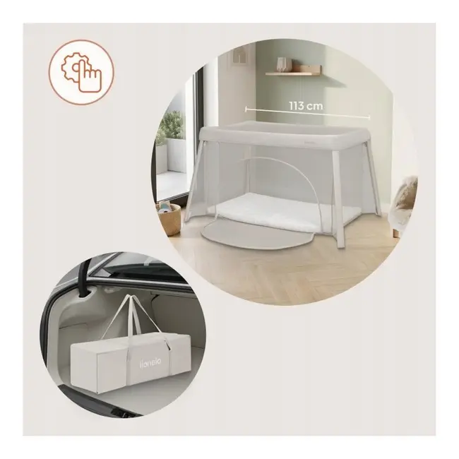 Patut multifunctional, Lionelo, Mila, 2 in 1, Saltea 4 cm cu spuma T25, 2 niveluri de inaltime, Pliere rapida, Intrare laterala, Geanta de transport inclusa, 0-36 luni, Pana la 15 kg, Bej BYNLO-MILA_BEIGE_CREAM