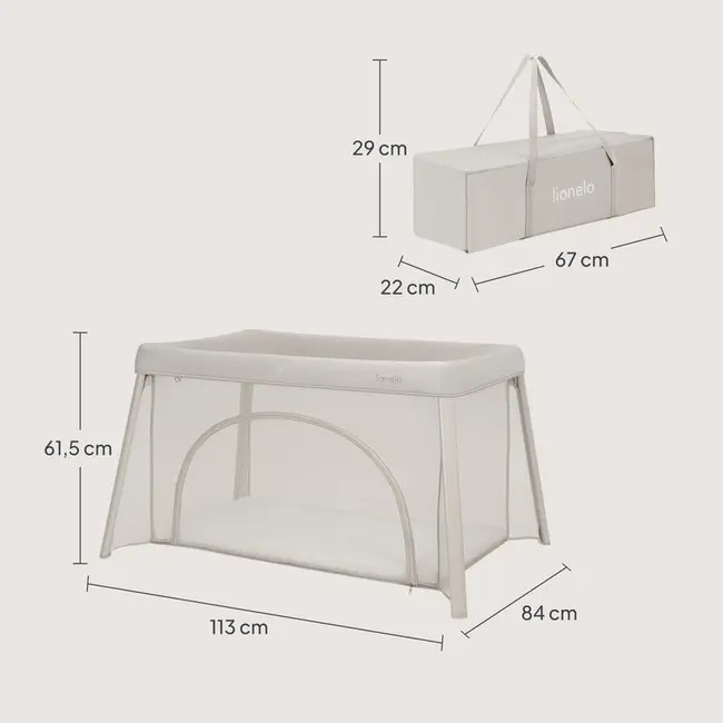 Patut multifunctional, Lionelo, Mila, 2 in 1, Saltea 4 cm cu spuma T25, 2 niveluri de inaltime, Pliere rapida, Intrare laterala, Geanta de transport inclusa, 0-36 luni, Pana la 15 kg, Bej BYNLO-MILA_BEIGE_CREAM